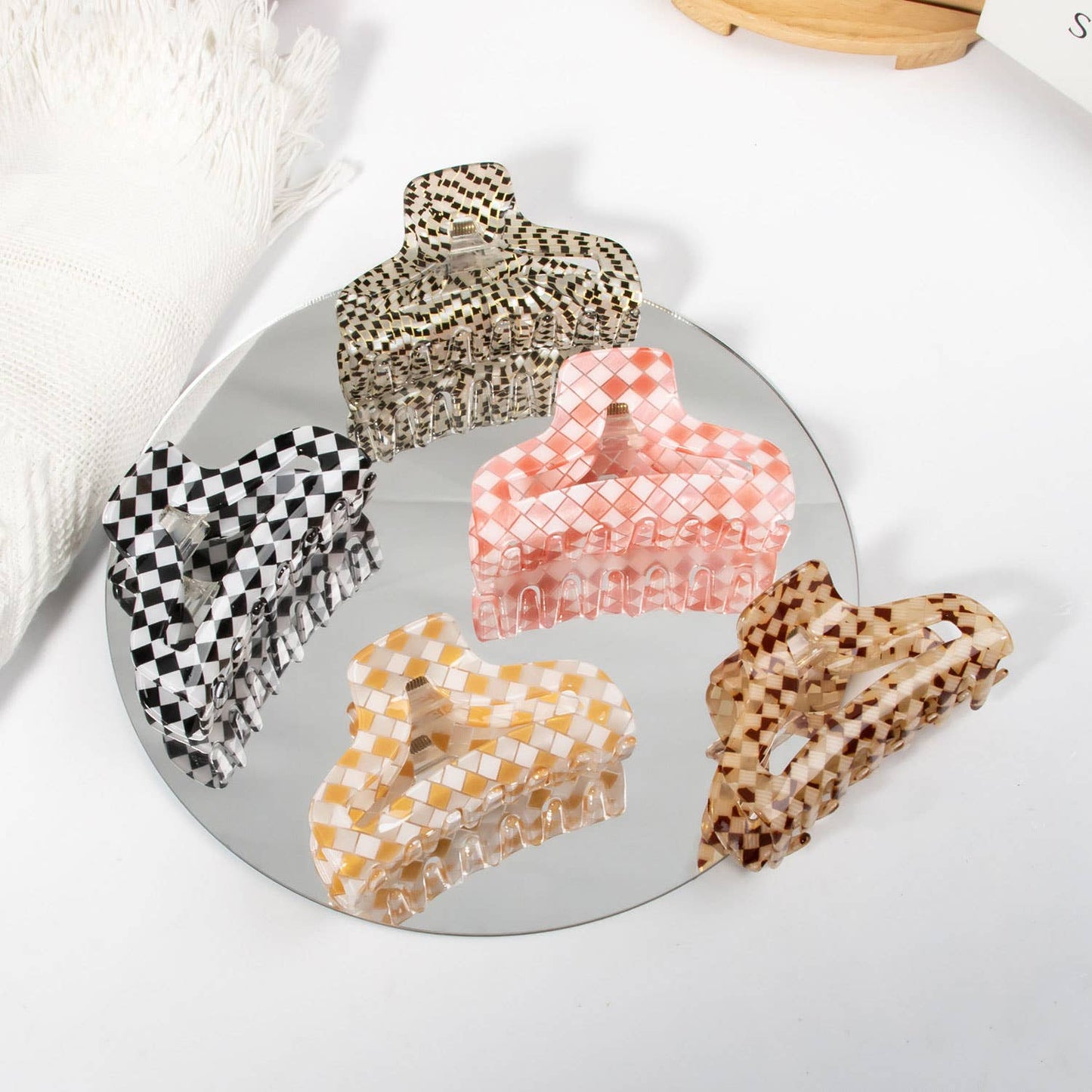 3.15"CHECKERED HAIR CLAW CLIP-2023 NEW STYLE_CWAHA0327: Pink / (OS) 3