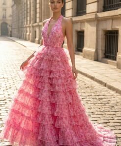 V-Neck Satin Slit Prom Dress